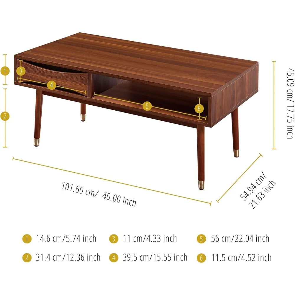 40 In. X 21.63 In. Wooden Mid-Century Modern Coffee Table With Drawer and Shelf Dinning Tables Sets Nightstands Furniture