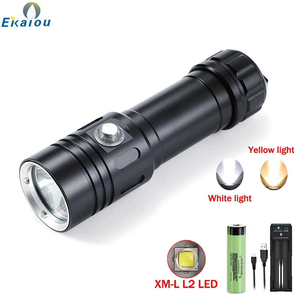 Ekaiou-luz de buceo de 2000 lúmenes, linterna de buceo superbrillante IP68 resistente al agua para buceo subacuático de 100m, lámpara para pescar