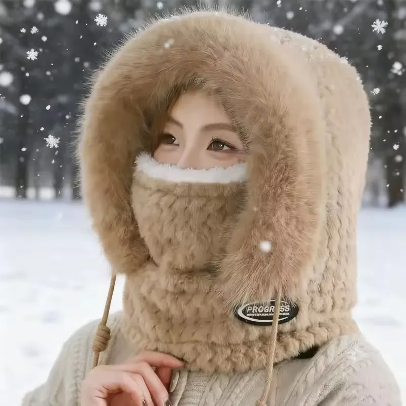 Chapéu de equitação de inverno para mulheres capuz cachecol máscara e capa de orelha grosso térmico à prova de vento para scooter elétrico ao ar livre ciclismo calor