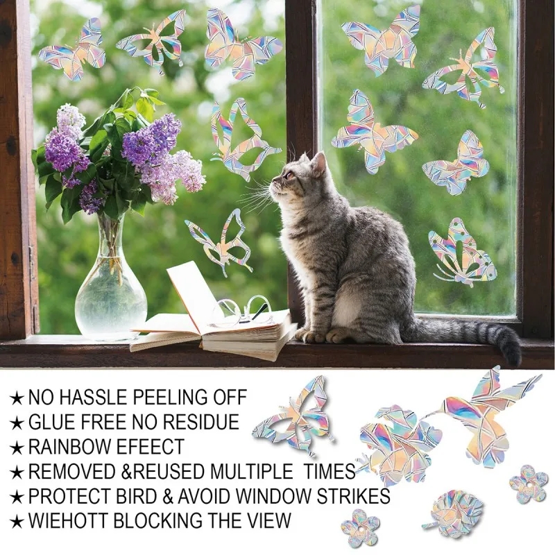 Atrapasueños de arcoíris para ventana, pegatinas de PVC con prisma de mariposa y gato, pegatina de pared de cristal para decoración del hogar y dormitorio de niños, calcomanía autoadhesiva