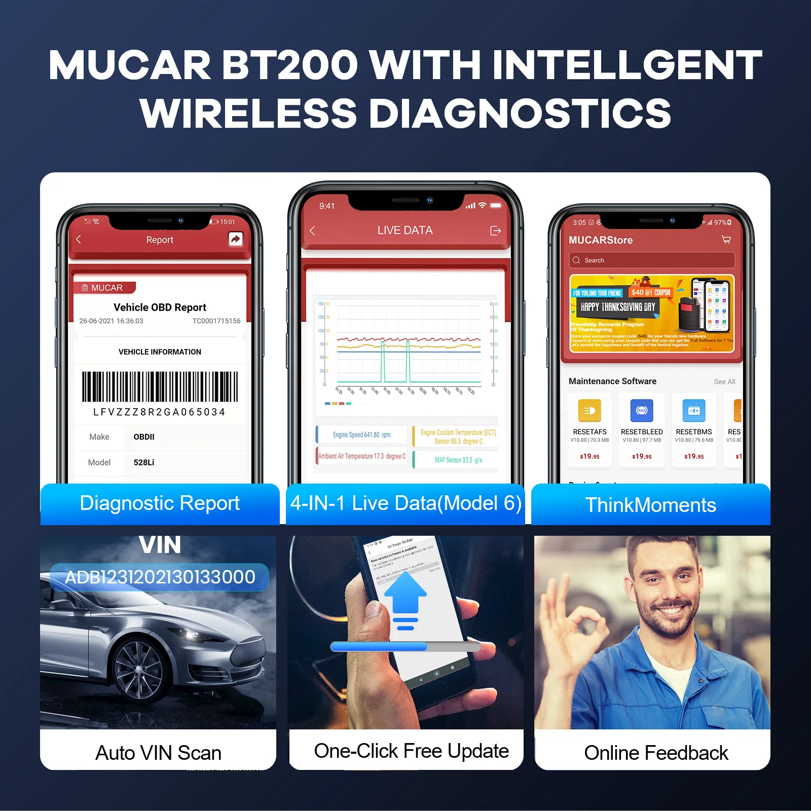 Mucar bt200/bt200 pro obd2 bluetooth ferramenta de diagnóstico sistema completo diagnosticar óleo sas 15 redefinir obd 2 scanner para todos os leitores de código do carro