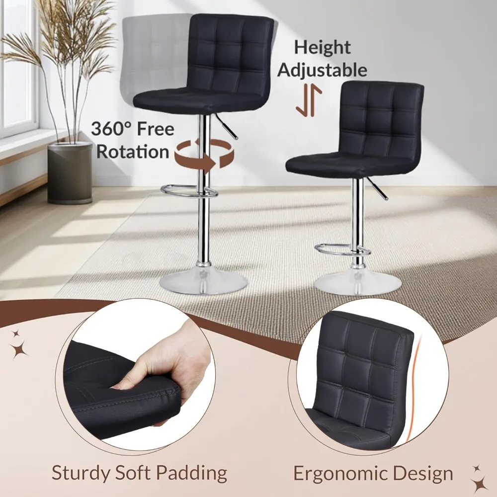 Set of 4 Adjustable Swivel Barstools, Modern PU Leather Kitchen Counter Bar Stools, Square Back Bar Stool