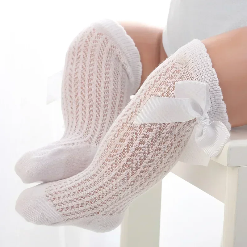 Calcetines hasta la rodilla para bebé de 0 a 24 meses, calcetines largos de algodón con lazo para niño pequeño, calcetines largos de princesa para bebé recién nacido, novedad de 2025