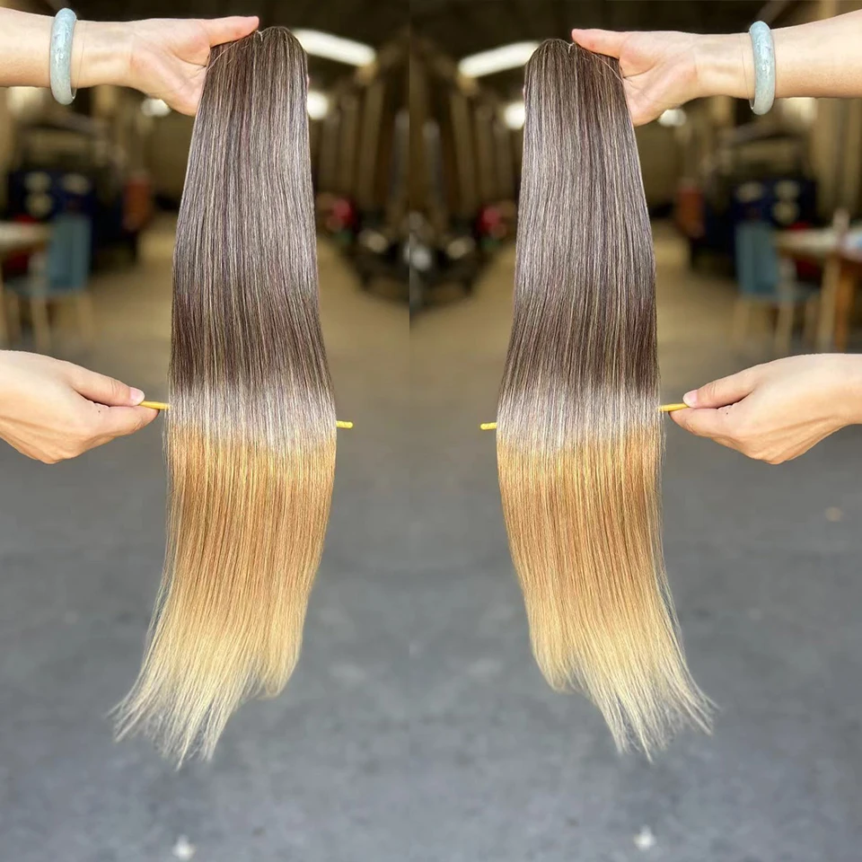 Extensions de cheveux raides os Bio Extensions de cheveux queue de cheval couleur marron synthétique Yaki cheveux raides tissage complet jusqu'au bout