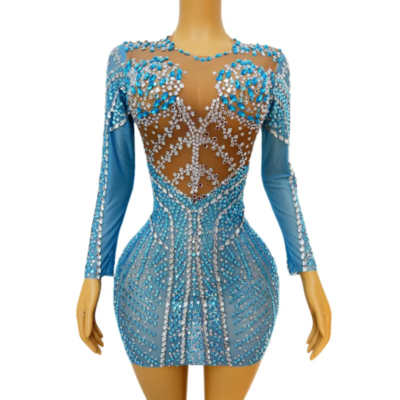 Sexy Mesh Transparent Sparkly Strass Ketten Langarm Kurzes Kleid Feiern Abend Prom Geburtstag Kleid Bühne Party Kleid