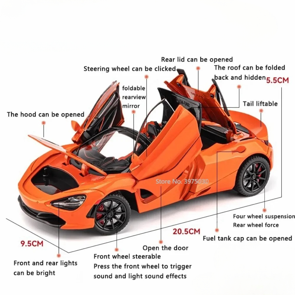 Super Car Model Toy para Crianças, 1:24, 720s, Simulação, Liga, Fundido, Som, Luz, Puxe, Veículos, Modelos, Presentes