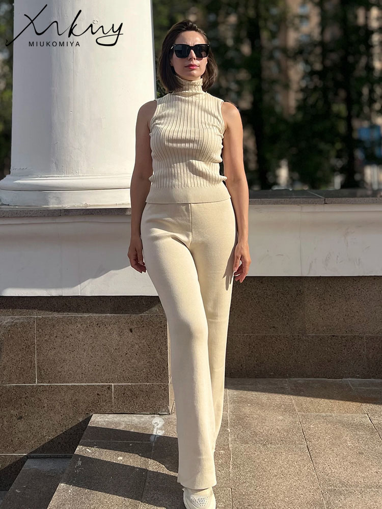 春 3 点セット衣装女性ニットスーツパンツセットカーキタートルネックベストロングカーディガンルーズ 3 ピーススーツ女性のための