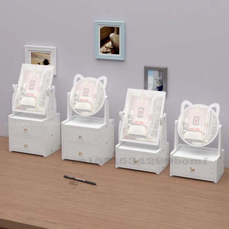 Home Dressing Table with Lovely Cats Mirror, Rotate Makeup Organizer, Nail Polish Brush, Jewelry Storage Box