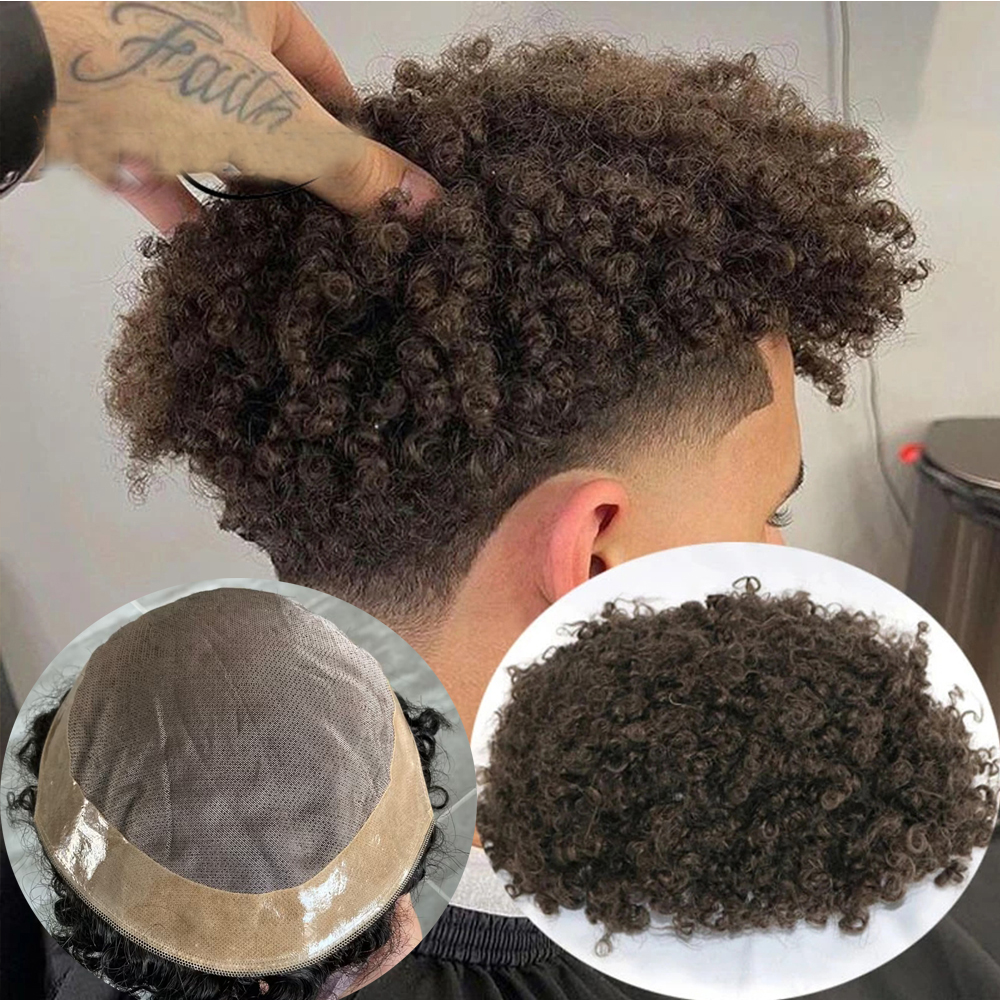 8mm Afro Toupet Mann Webart Einheit schwarz Herren verworrene lockige 100% Menschenhaar Afro amerikaner Toupet für Männer Mono Spitze mit Pu herum