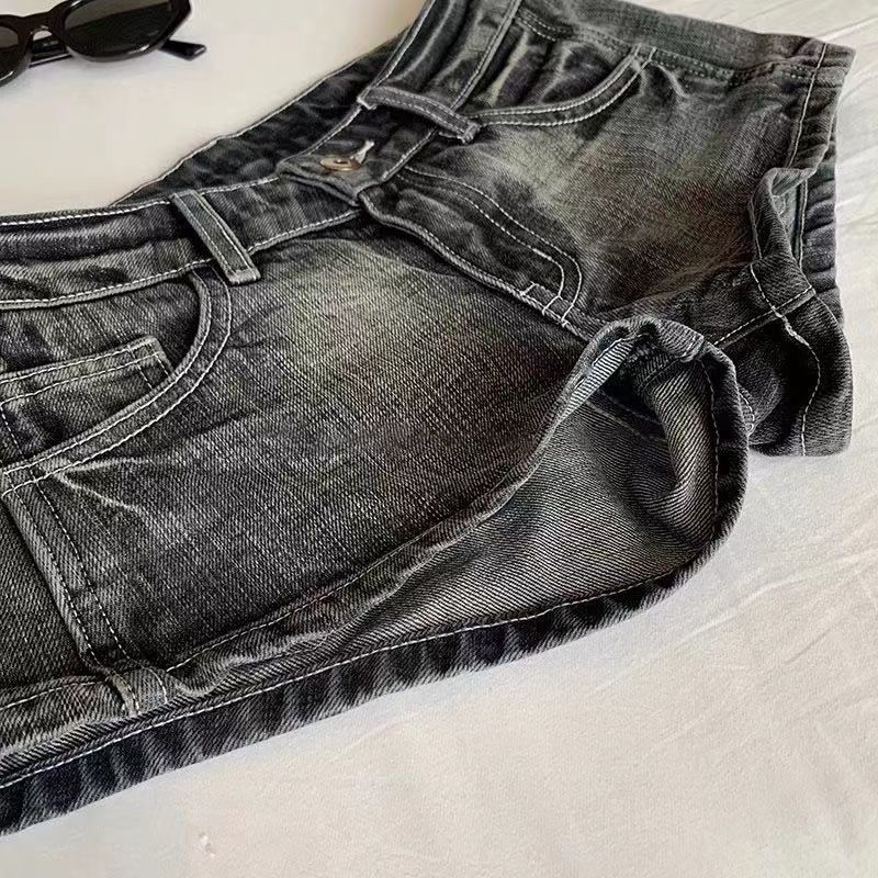 Short en jean Vintage pour femmes, noir, gris, délavé, taille basse, élastique, slim, chaud, été