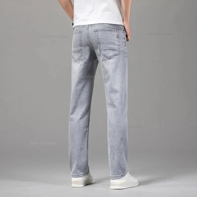 Pantalones vaqueros elásticos de verano para hombre, moda gris, cómodos, rectos, elásticos, de algodón, informales, de marca, finos