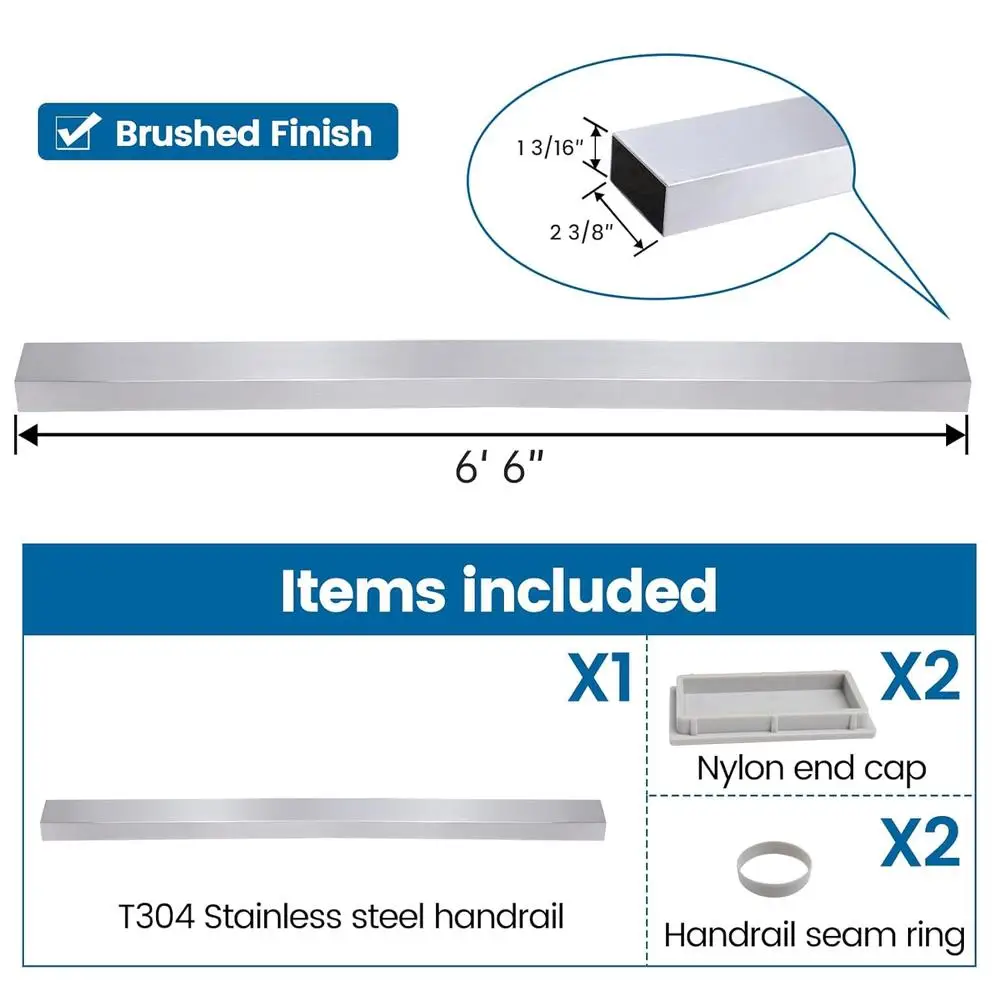 Stainless Steel Handrail Flat Top Rail Cable Railing System Deck Stair Indoor Outdoor Brushed Rectangular 66 Inch 304 SS