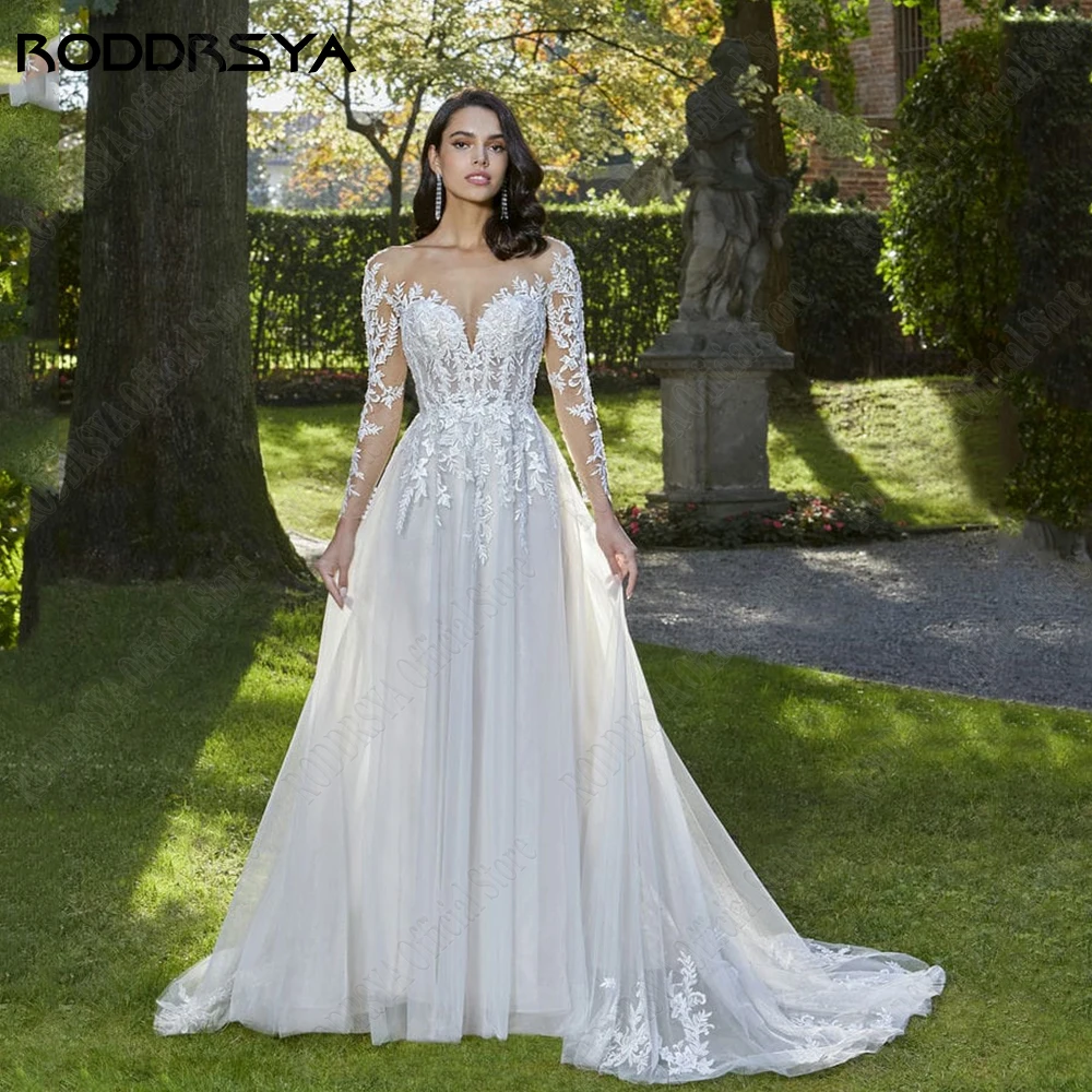 RODDRSYA Elegante Lange Ärmel Brautkleid Sexy Rückenlose Tüll Brautkleider SpitzRoddrsya elegante lange Ärmel Brautkleid sexy rücken freie Tüll Brautkleider Spitze Applikation A-Linie O-Ausschnitt Vestido de Noiva 2024