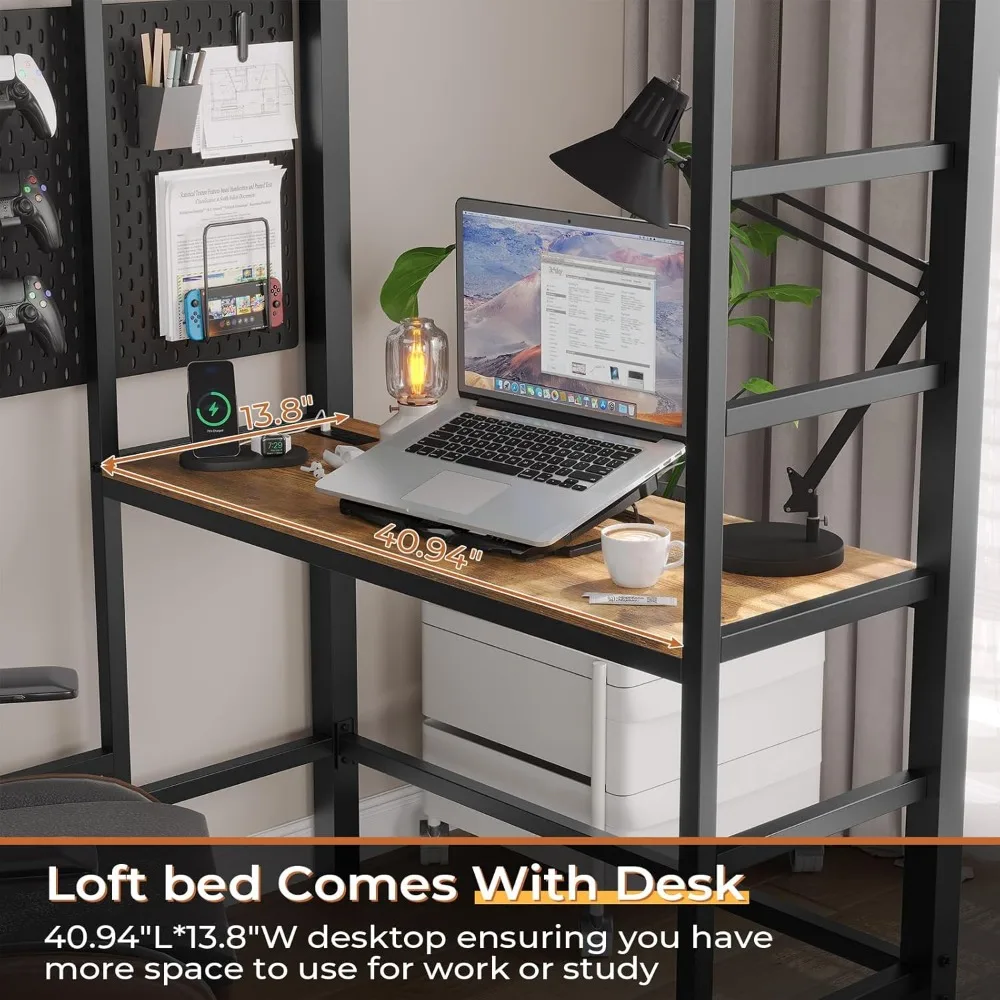 Loft Bed Twin Size with Desk and Charging Station Metal Loft Bed with Led Lights,Storage Shelves and Drawers Twin Bed Frame