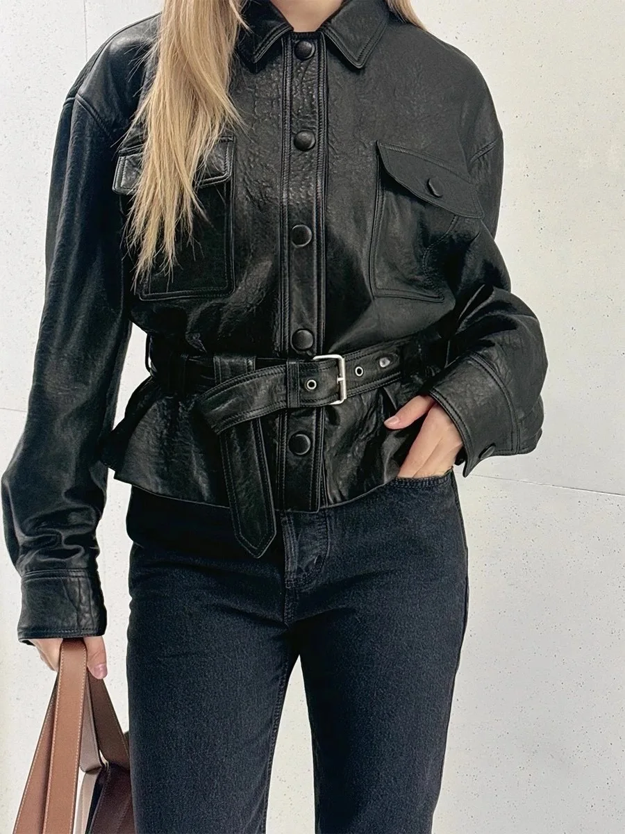 2024 Lente Dameskleding Elegante Vrouwelijke Lederen Jas Revers Riem Jassen Streetwear Zwart Kantoor Dame
