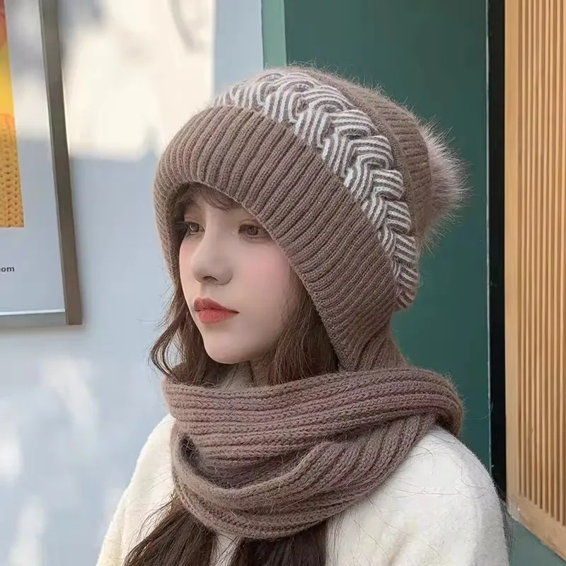 Gorro bufanda todo en uno para mujer, gorro tejido con pelo de conejo cálido para invierno, protección para los oídos para ciclismo, gorro acolchado bonito a prueba de frío para el cuello