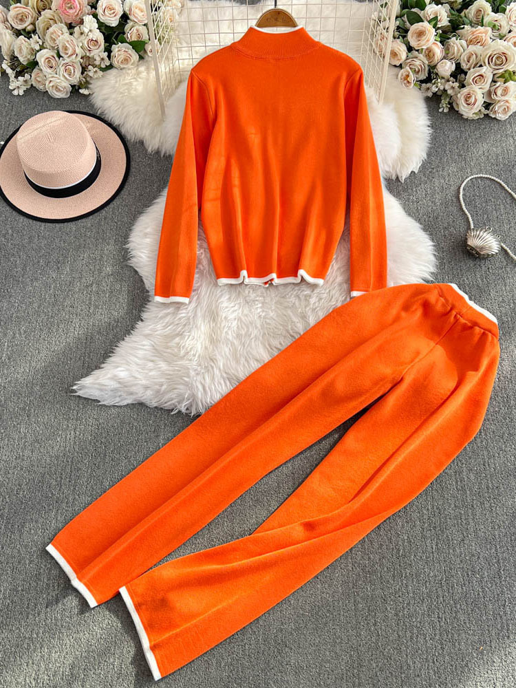 レディース長袖ニットセーターハイウエストスリムストレートレッグパンツ2点セットY2k韓国秋