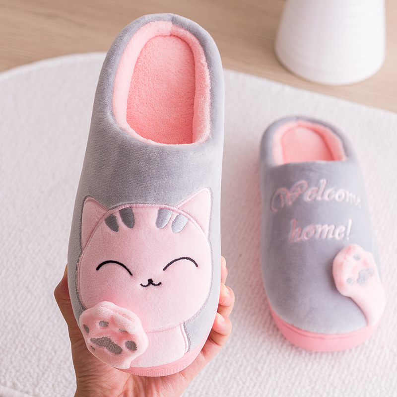 Kobiety Zimowe Ciepłe Kapcie Cartoon Cat Shoes Furry Plush Slides Round Toe Flats Indoor Home Bedroom Floor Slippers Ladies Shoes