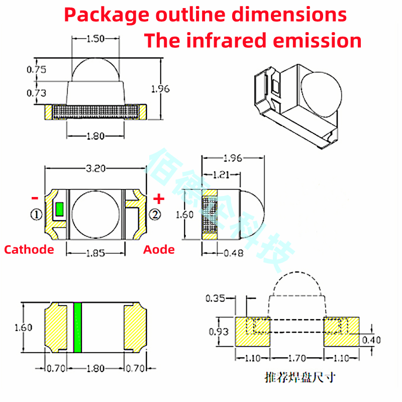 100Pcs 1206 ball head 30° degrees 3216 IR SMD launch 850nm 940 nm receive infrared IR strips light-emitting diode led lamp bead