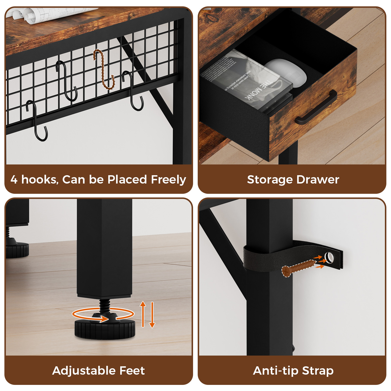 Oak & Tea Corner Desk L-Shape 120cm PC table with Adjustable Shelves & Vintage Design, office/Gaming table