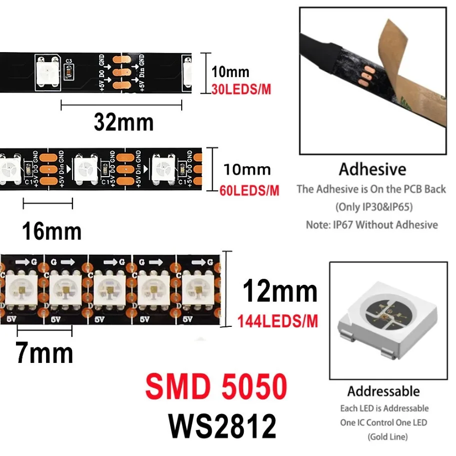 WS2812B 5050 RGBIC Smart LED Strip WS2812 Individually Addressable IC 30/60/144Pixels/Leds/m Light DC5V Black IP30/67 Waterproof