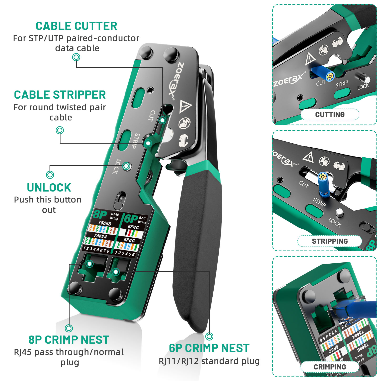 ZoeRax-Kit de herramientas de engarzado RJ45, herramienta de engarzado Cat6 para conector Cat5 Cat5e Cat6 8P8C, engarzadora Ethernet todo en uno