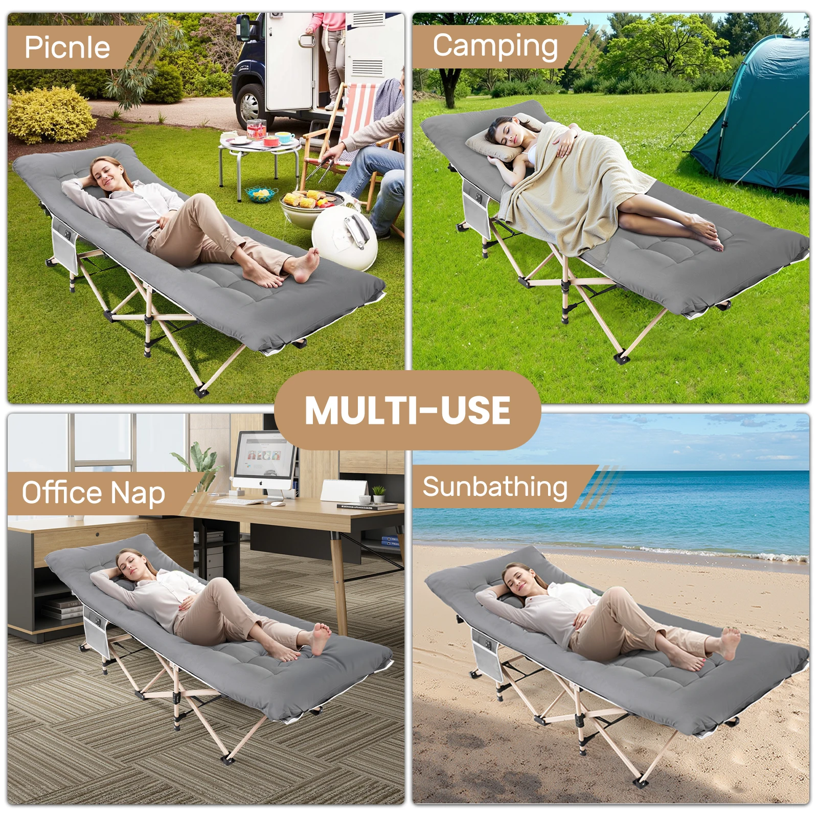 Camas de acampamento dobráveis para adultos, cama de acampamento resistente e resistente com colchão grosso e macio, cama de dormir com tubos mais grossos e esponja