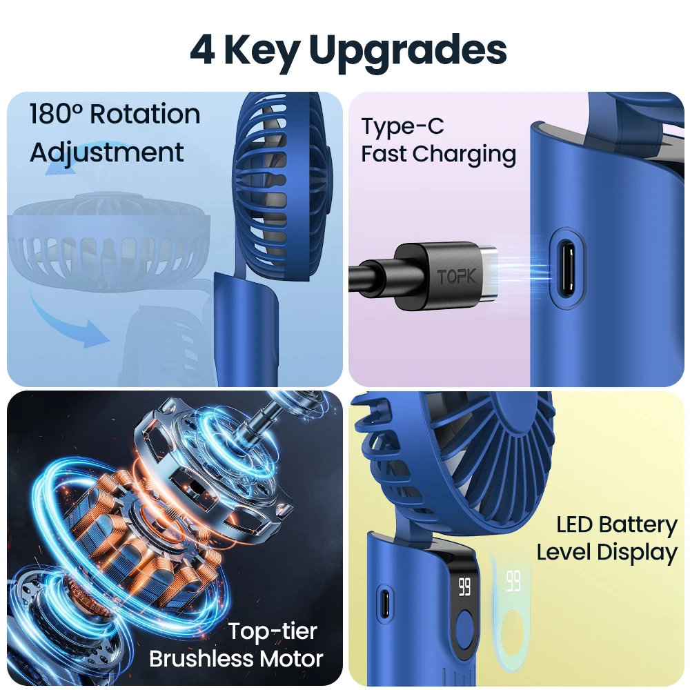 TOPK 5000 mAh tragbarer Mini-Ventilator, wiederaufladbarer USB-Handventilator, kleiner Taschenventilator, 3 Geschwindigkeiten mit Trageband und Basis, faltbarer USB-Schreibtischventilator