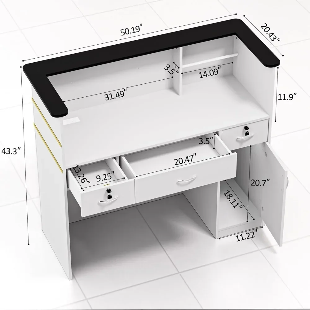 Reception Desk with Counter, Modern Front Table Equipped Lockers & Storage Shelves, 50-inch Checkout Counter with LED Lights