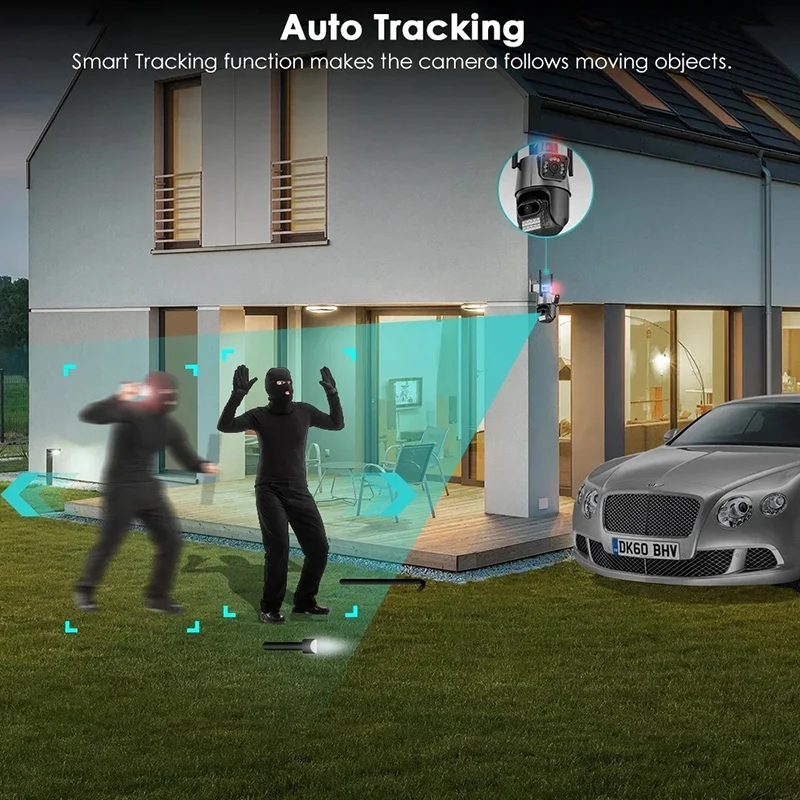 Telecamera WiFi da 8MP Telecamera di sicurezza esterna con zoom 8X Video sorveglianza 4K Tre obiettivi Doppio schermo PTZ ICsee Alexa NVR Sicurezza CCTV