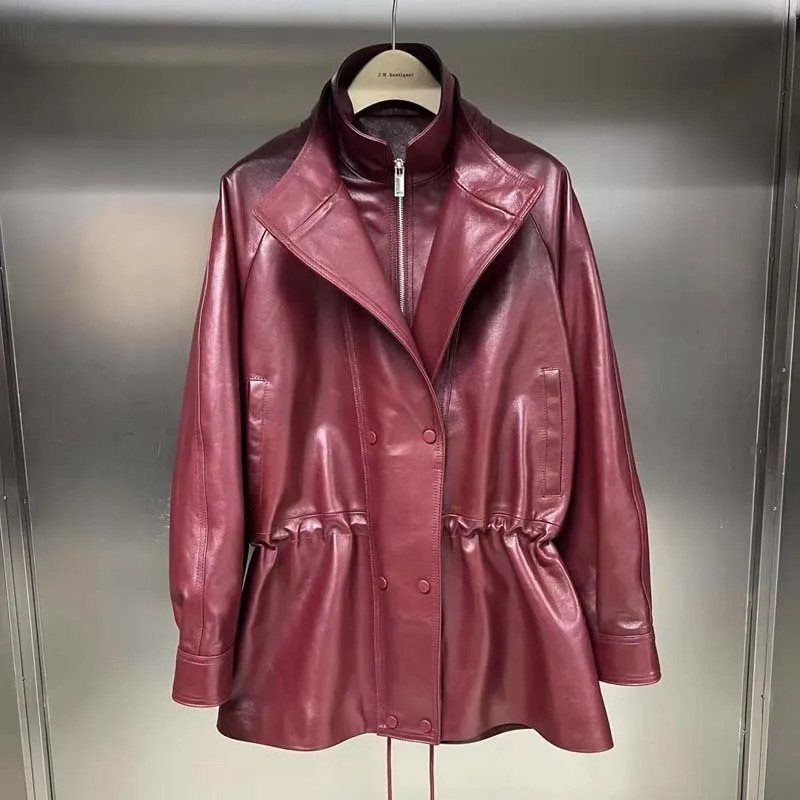 echt leren jas normale lengte damesjas lente geplooide taillestijl dubbele revers ontwerp natuurlijke echte schapenvacht