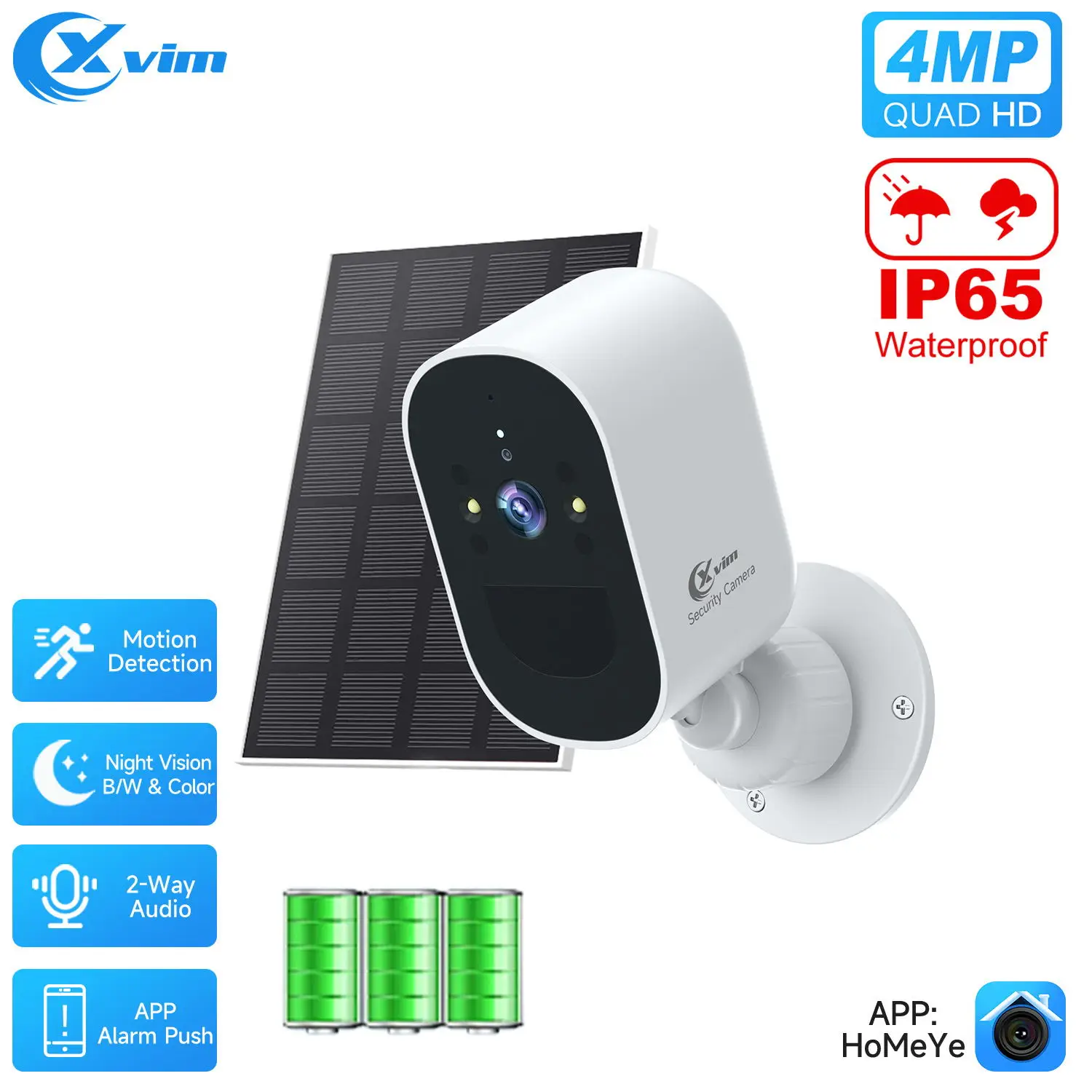 Monitor de cámara solar para exteriores XVIM, monitoreo impermeable de visión nocturna de alta definición, monitoreo automático de alarma de seguridad para el hogar