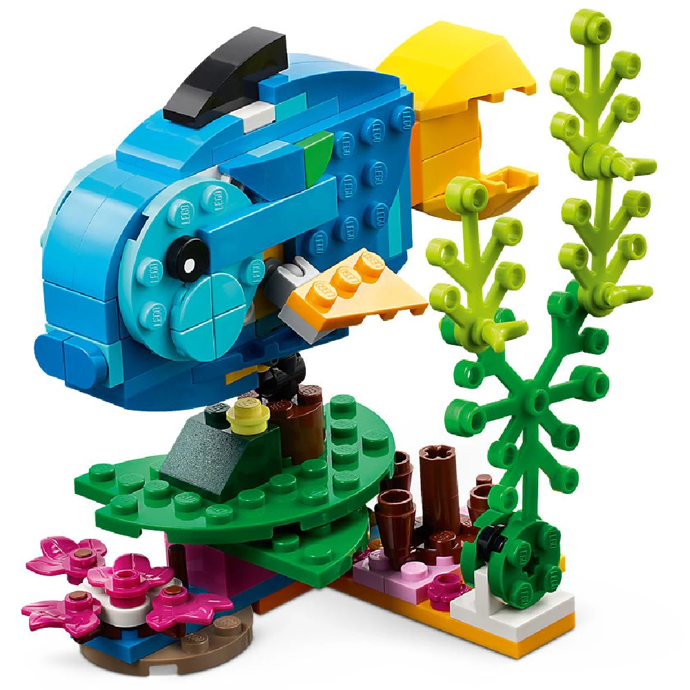 Juego de juguetes de construcción de loros 3 en 1, se transforma a 3 figuras de animales diferentes: de loro colorido, para nadar peces, a una rana linda