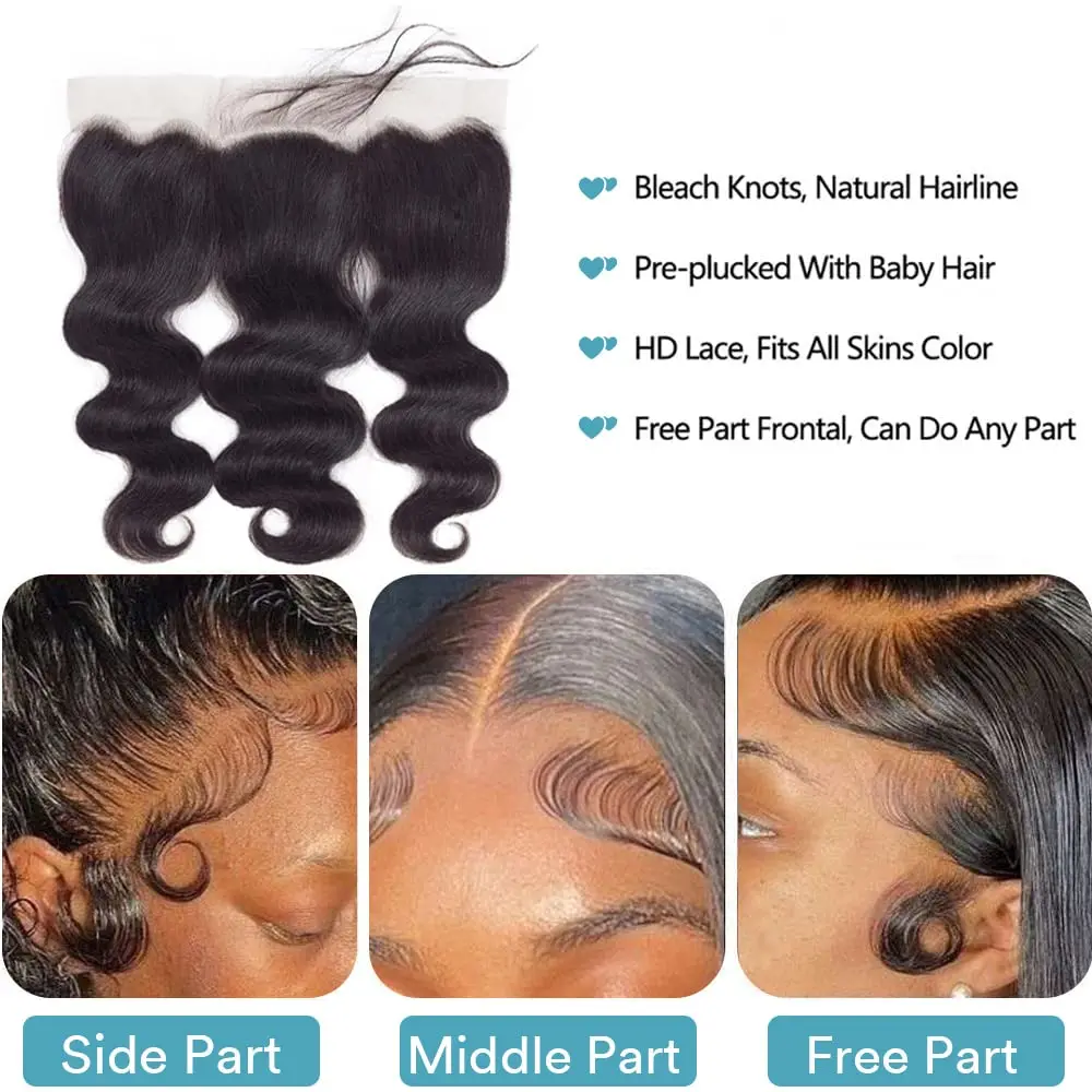 Cabelo Humano Brasileiro Da Onda Do Corpo com Frontal, Extensões De Cabelo Real, Laço Transparente 13x4, 100% Natural, 3 Pacotes