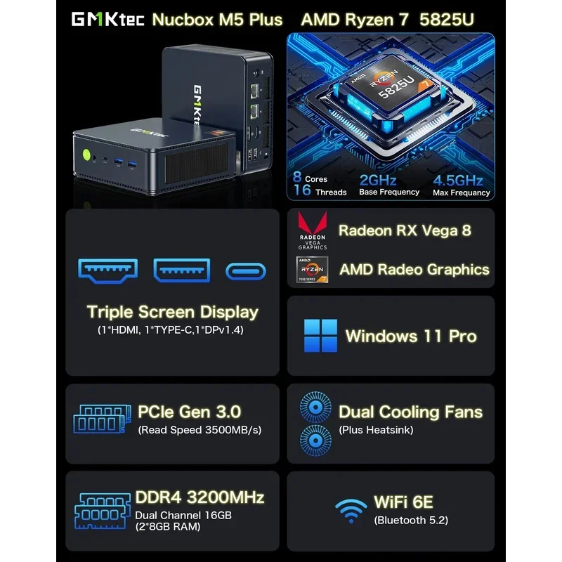 GMKtec M5 Plus Ryzen 7 5825U Mini PC Windows 11 Pro DDR4 16GB/32GB 512GB Nvme SSD WIFI6 BT5.2 Desktop MINI PC Gamer Computer