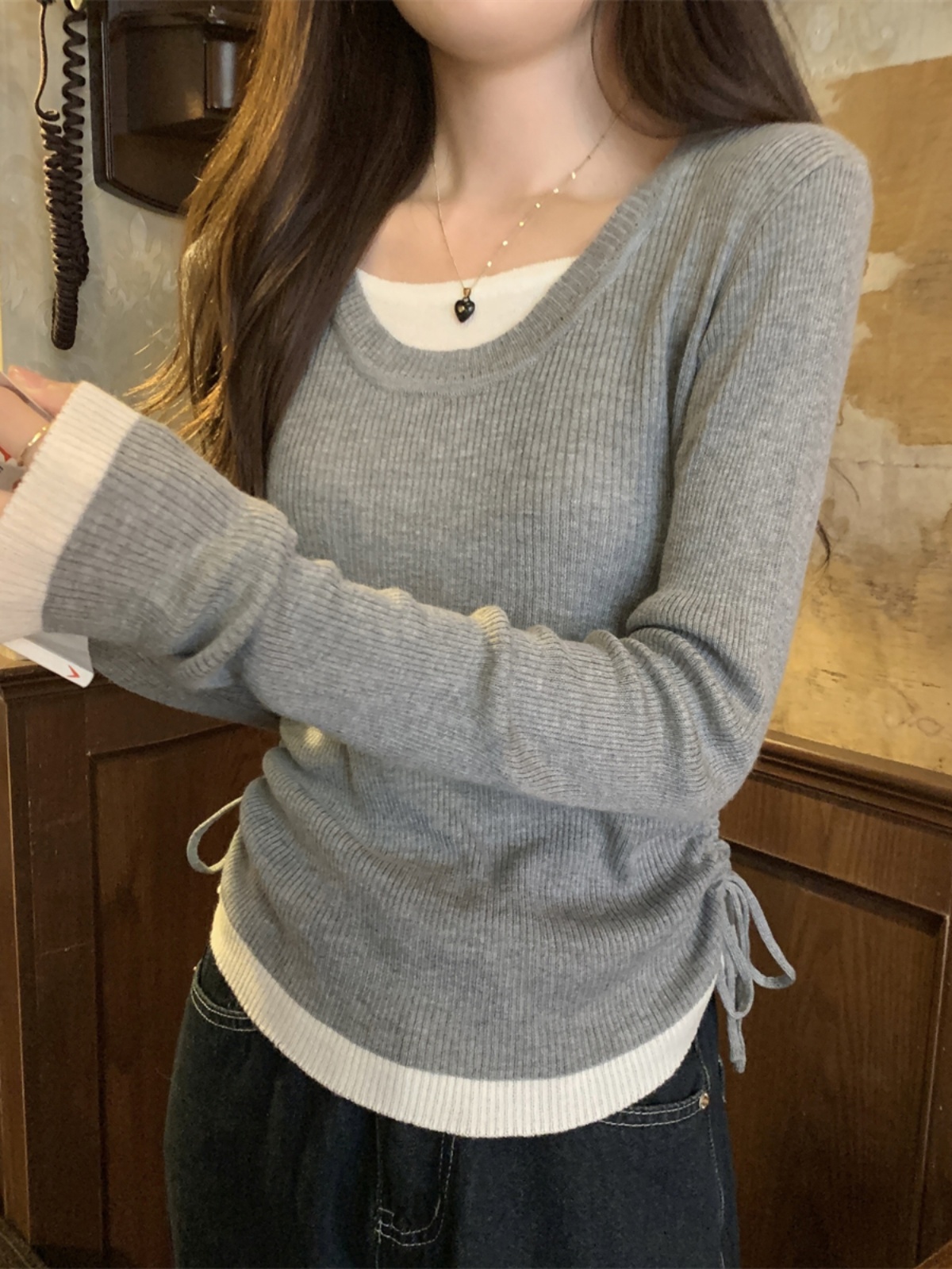 Women's Long Sleeve Knitted Sweater Slim Fit Drawstring Color Block Pleated Base Shirt Inner Wear Top Spring New Sle