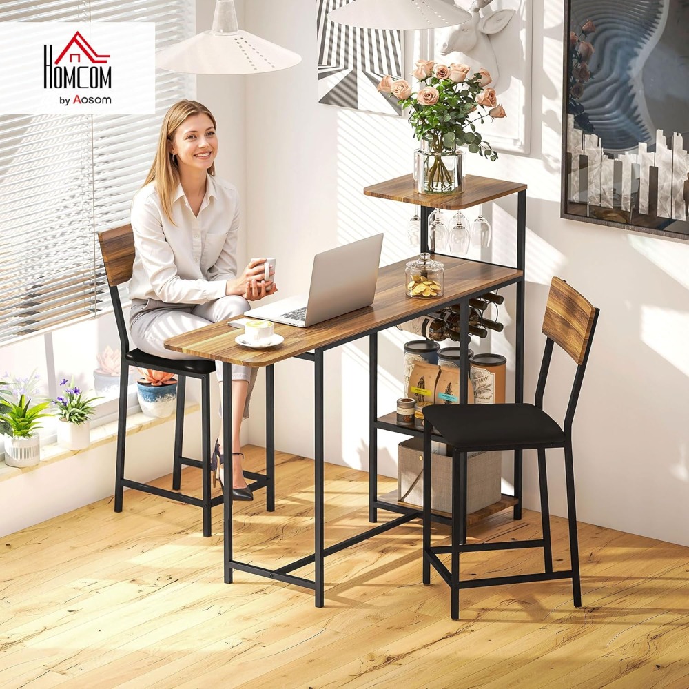 Juego de mesa de bar y taburetes Mesa de cocina alta con 2 taburetes laterales plegables, estante para vino y estante, estilo industrial marrón y negro