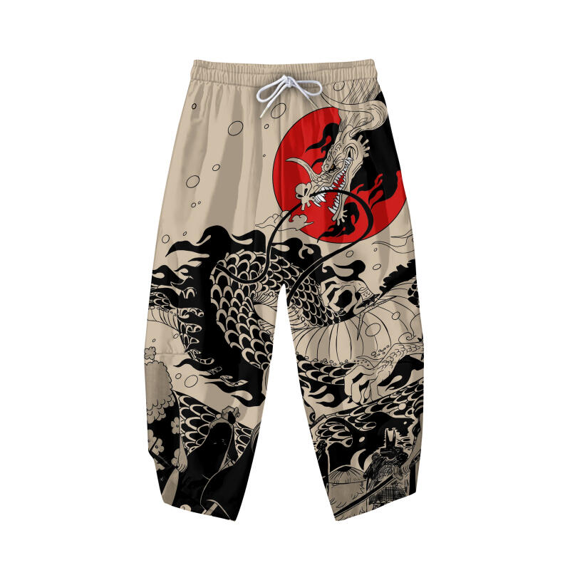 Asiático tradicional estilo japonês dragão e sol impressão haori cardigan e cordão calças compridas conjunto samurai cosplay outfit unisex