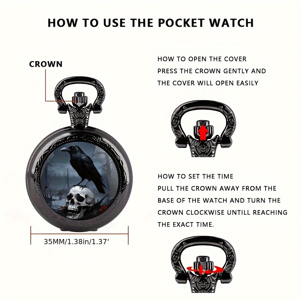 Vintage Gothic Crow & Skull Pattern Design,with Black Chain, Quartz Movement, Mini Size Retro Pocket for Halloween Gift