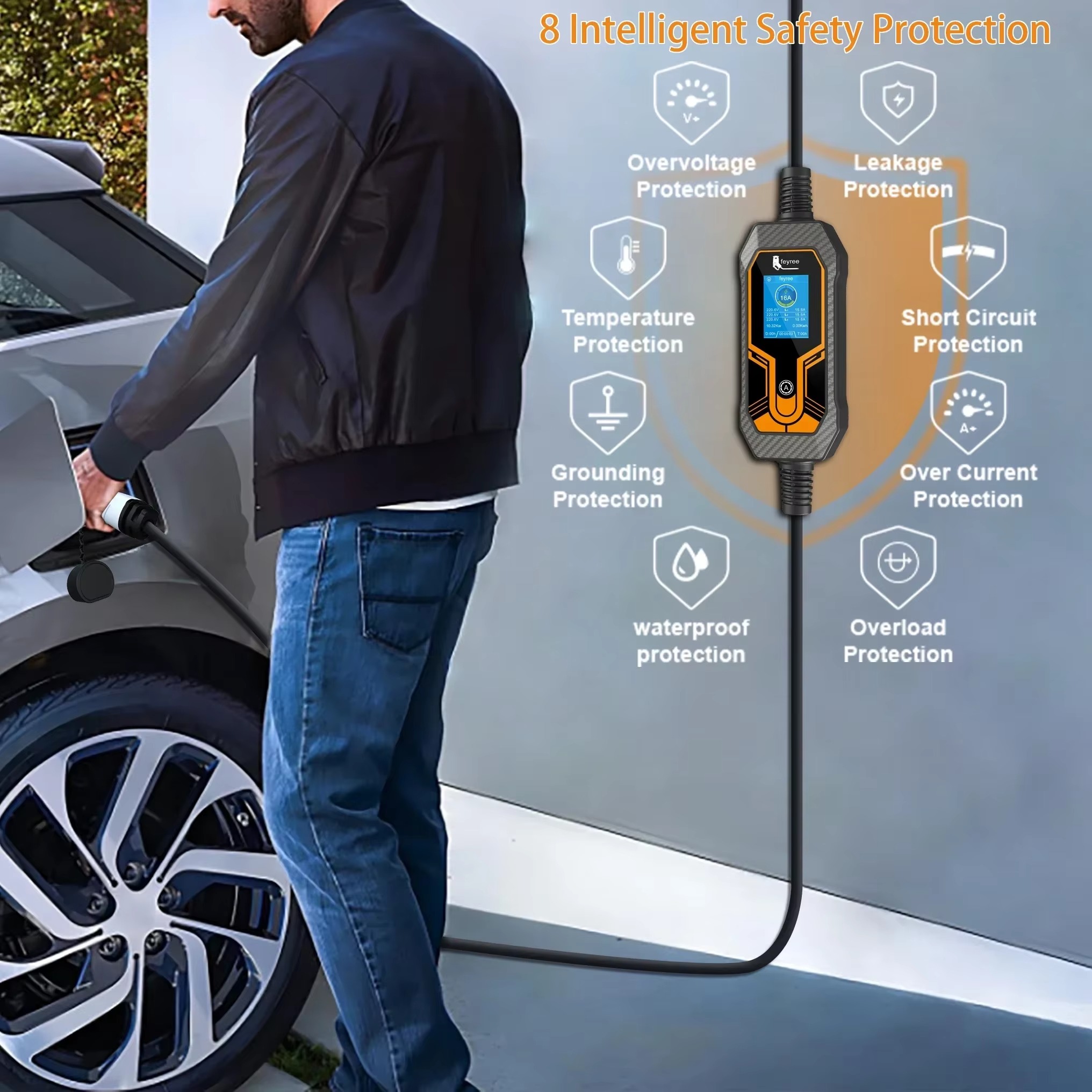 Feyree 11 kW 16 A 3-Phasen-EV-tragbares Ladegerät Typ 2 5 m Kabel EVSE-Ladebox Elektroauto-Ladegerät CEE-Stecker für Elektrofahrzeuge
