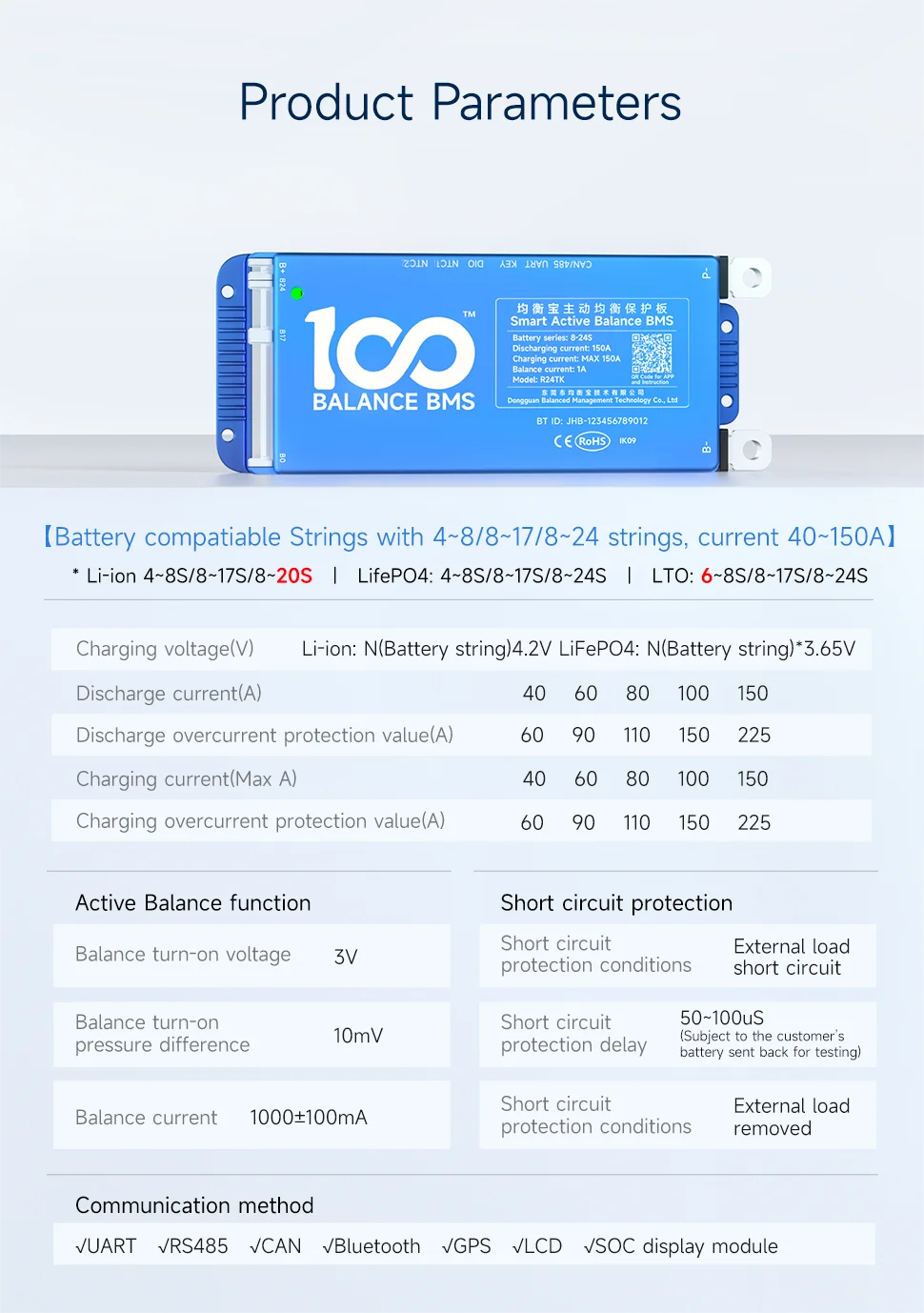 Custom sample   8-24S bms 150A built in bt smart Active BalanceBMS 4-8s 8-17S 1A BT BMS bms 4.3 inch Lifepo4 NMC Li-Ion