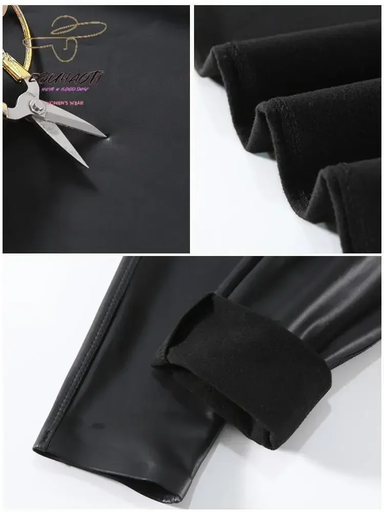 女性の秋のセクシーな Pu レザーレギンスレディース冬のハイウエストズボンガールマルチカラータイツストレッチソフト薄いフリースパンツ