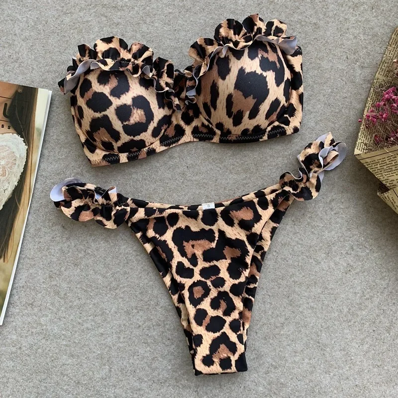セクシーなフリルストラップレスビキニセット女性ヒョウ柄水着二枚biquiniプッシュアップバンドー女性水着水着