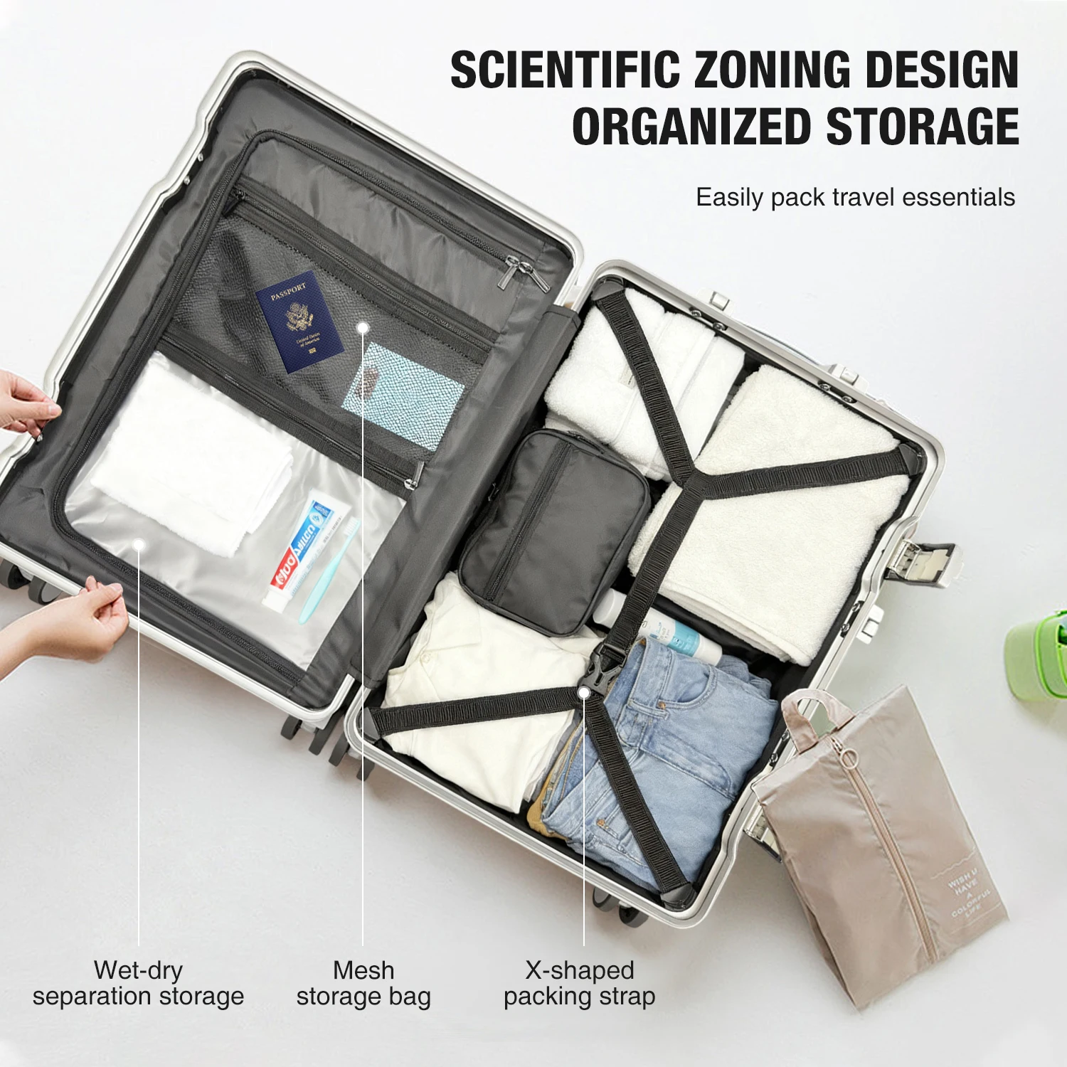 AIWEINY 2025 Mala de viagem rígida com estrutura em alumínio, resistente à pressão, com rodas omnidirecionais silenciosas de 360°, suporte para copos e prateleira, com fechadura TSA.