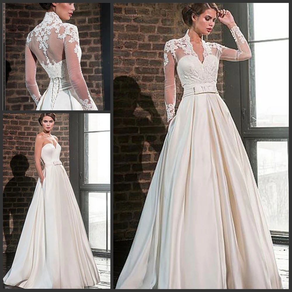 Abiti da sposa in raso con scollo a cuore 2 pezzi con giacca in pizzo con scollo a V A-line manica lunga 2 in 1 Abiti da sposa principessa Robe de Mariee