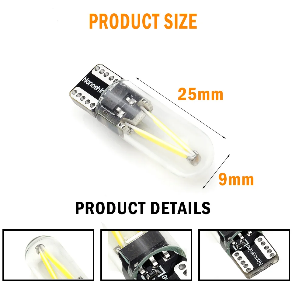 Luz Led de cristal W5W T10 Cob para coche, lámpara de bombilla de placa de matrícula DRL, filamento para lectura de automóviles, 12v, 1 ud.