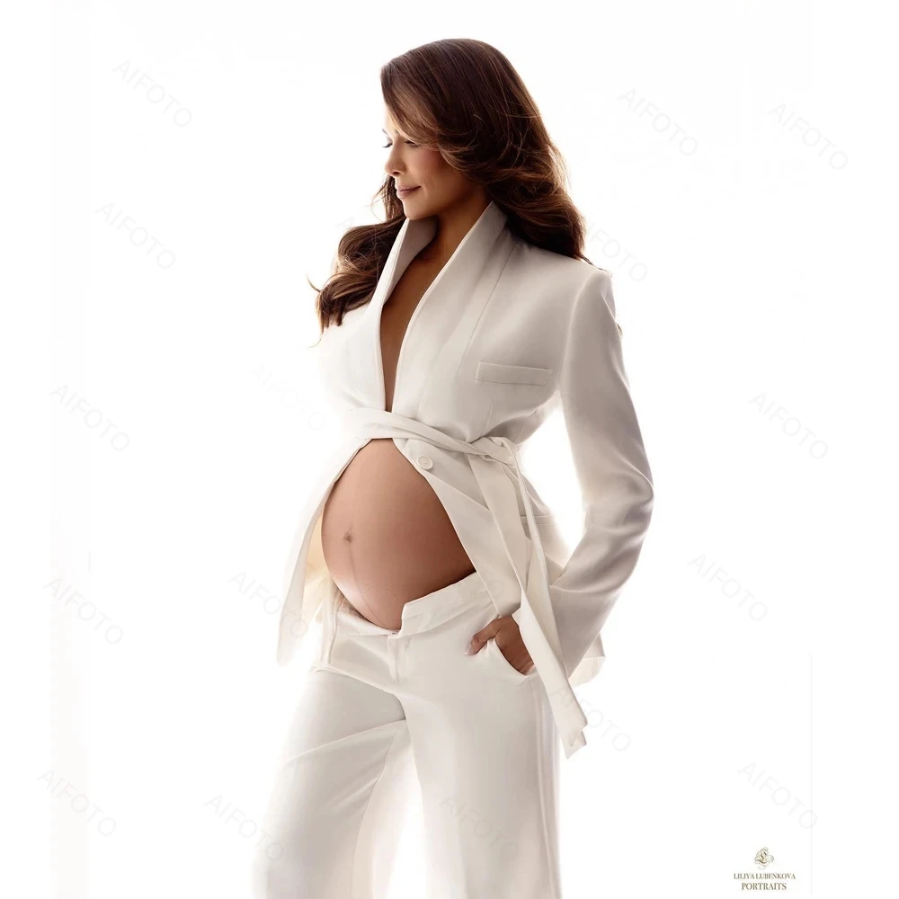 ชุดสูทสีขาว OL ชุดสูทสำหรับคุณแม่ชุดสูทเสื้อสูทแขนยาวมีเชือกผูกอกเก๋ไก๋สำหรับหญิงตั้งครรภ์รูปถ่าย