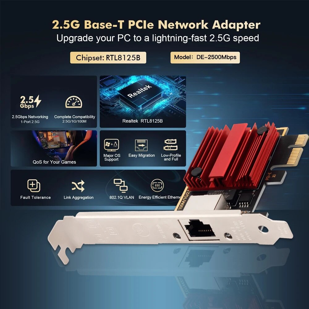 Adaptador de red RJ45 de PIC-E G a RTL8125B, controlador Gigabit Ethernet Lan de 2,5/100/1000 Mbps para PC Win10/11