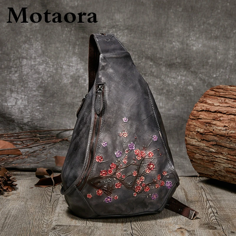 MOTAORA Nữ Vintage Ba Lô Da Thật Chính Hãng Da Túi Nữ Retro Hoa Ngực Túi Handmade Dập Nổi Sứ Giả Túi Xách Cho Nữ