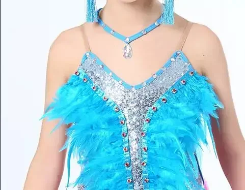 เด็ก Professional ชุดเต้นรําละตินสําหรับสาวการแข่งขันเต้นรําบอลรูมเลื่อม featherNew ฝอยชุดเต้นรําละติน